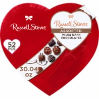 RUSSELL STOVER Valentine's Day Red Foil Heart Assorted Milk & Dark Chocolate Candy Gift Box Perspective: Main