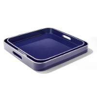 Navy Square Set Of 2 Serveware Trays With Silver Rim & Handles