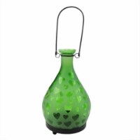 NorthLight 8.75 in. Frosted Green Hearts Glass Bottle Tea Light Candle Lantern
