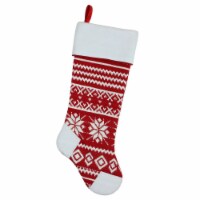 Northlight 21.5  Red and White Knitted Snowflake Christmas Stocking with Fleece Cuff