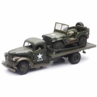 New-Ray NEWSS-61053B 1941 Chevy Military Livery Hauling a Jeep Willys Flatbed Model Truck  Pa