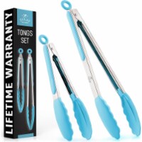 Zulay Kitchen Tongs With Silicone Tips and Lock Mechanism (9  & 12 ) - Silver - Light Blue