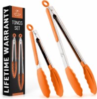 Zulay Kitchen Tongs With Silicone Tips and Lock Mechanism (9  & 12 ) - Silver - Orange