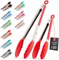 Zulay Kitchen Tongs With Silicone Tips and Lock Mechanism (9  & 12 ) - Silver - Red
