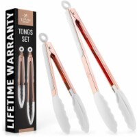 Zulay Kitchen Tongs With Silicone Tips and Lock Mechanism (9  & 12 ) - Rose Gold - White
