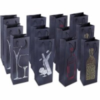 Black Wine Gift Bags with Handles, Foil Print Design (4.6 x 13.75 x 4 in, 12-Pack)