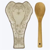 Youngs 10077 Ceramic Exotic Finds Elephant Spoon Rest with Wood Spoon Set