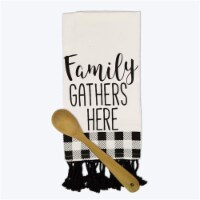 Youngs 21255 Black & White Plaid Kitchen Towel with Wood Spoon Set