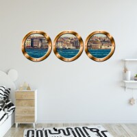 VWAQ Pack of 3 City Skyline Bronze Porthole Peel and Stick Wall Decals - BPW5