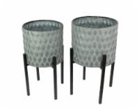 Set of 2 Galvanized Zinc Finish Leaf Pattern Stamped Metal Planters With Wooden Stands
