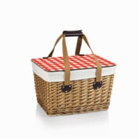 Canasta Wicker Basket, Beige Canvas with Red & White Gingham Pattern Lid
