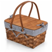 Kansas Handwoven Wood Picnic Basket, Navy Blue & White Stripe
