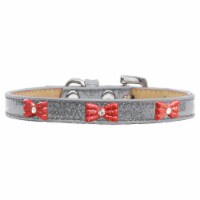 Mirage Pet 633-10 SV12 Red Glitter Bow Widget Dog Collar, Silver Ice Cream - Size 12