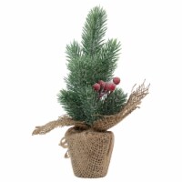 Northlight 9.5 Red and Green Frosted Mini Pine Christmas Tree with Berries in Burlap Base -