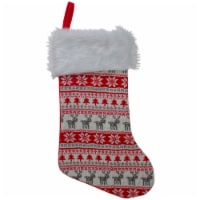 Northlight 19  Red and White Deer and Snowflake Knit Christmas Stocking with Faux Fur Cuff