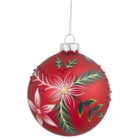 Northlight 4  Red Poinsettia and Holly Glass Christmas Ball Ornament