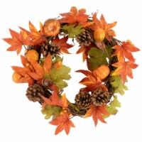 Northlight Orange Foliage with Pine Cones and Pumpkins Autumn Harvest Wreath, 10-Inch, Unlit