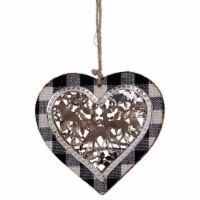 Northlight 4.25 Black and White Buffalo Plaid Heart with Reindeer Christmas Ornament