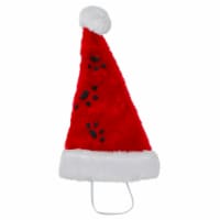 Dyno 20  Red Plush Pet Santa Hat with Black Paw Prints and White Brim Cuff and Pom