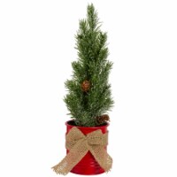 Northlight 11.75 Frosted Upswept Mini Pine Christmas Tree in Red Tin Pot - Unlit