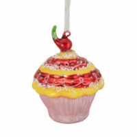 Northlight 3 Red and Yellow Cupcake with Cherry Glass Christmas Ornament