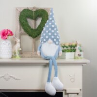 Northlight 34 Blue and White Sitting Spring Gnome Figure with a Polka Dot Hat and Legs