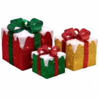 Northlight Set of 3 LED Lighted Green, Gold and Red Snowy Gift Boxes Outdoor Christmas