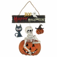 Northlight 14.5 Skeleton with Jack-O-Lanterns and Black Cat Happy Halloween Hanging