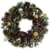 Northlight Silver and Green Mixed Foliage and Pinecone Christmas Wreath, 13.5-Inch, Unlit Perspective: Main