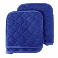 Set of 2 Cotton Pot Holders Flame Heat Protection Big Oven Mitts 8 x 9 Blue