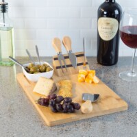 9 Piece Bamboo Cheese Serving Tray Set with Stainless Steel Cutlery and Dip Dish