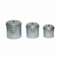 Benzara AMC0015 Galvanized Metal Lidded Canister With Ball Knob, Set of Three, Gray- Saltoro