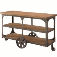 Industrial Style Solid Wooden Sofa Table With Metal Accents & Wheels, Brown