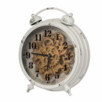 Classic Metal Table Clock with Gears Front and Distressed Details, White and Gold- Saltoro