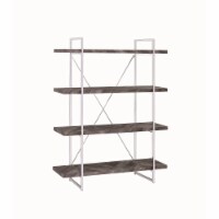 Benzara BM196775 4 Shelve Wood & Metal Bookcase with X Shape Back Support, Gray & Silver - 62