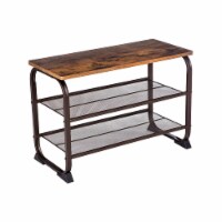 Industrial 3 Tier Wood Top Shoe Rack with Metal Base, Black and Brown- Saltoro Sherpi