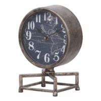 Metal Table Clock with Map Theme Background and Geometric Base, Gray- Saltoro Sherpi