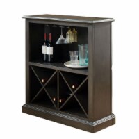 Wooden Bar Table with X Shaped Wine Holders and Wide Shelf, Gray- Saltoro Sherpi