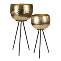 Hammered Textured Metal Bowl Planters on Tripod Base, Set of 2, Gold and Black- Saltoro
