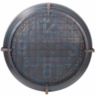 Round Metal Wall Clock with Mesh Overlay and Roman Numerals, Blue- Saltoro Sherpi