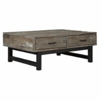 2 Drawer Wooden Lift Top Cocktail Table with Block Legs, Brown and Black