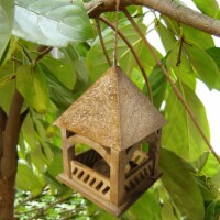 Floral Engraved Decorative Temple Top Mango Wood Hanging Bird House with Feeder, Brown-
