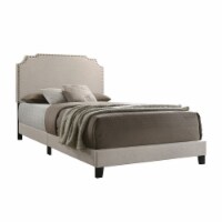 Fabric Upholstered Wooden Full Size Bed with Nailhead Trims, Beige- Saltoro Sherpi