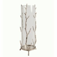 Cylindrical Glass Lantern with Metal Branch Like Body, Medium, Silver