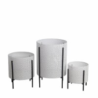 Metal Planters with Floral Hexagon Cut Out Design, Set of 3,White and Black- Saltoro Sherpi