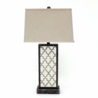 Rock Base Table Lamp with Drum Shade and Quatrefoil Pattern,Brown- Saltoro Sherpi