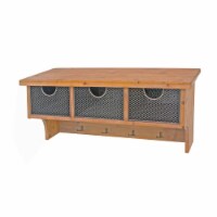 Wooden Wall Shelf with 4 Hooks and 3 Wire Baskets, Brown- Saltoro Sherpi