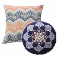 2 Piece Decorative Accent Throw Pillow Set, Embroidery, Cotton, Saffron Orange, Blue- Saltoro