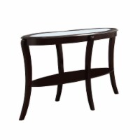 Oval Top Wooden Sofa Table With Glass Insert And Open Shelf, Espresso Brown