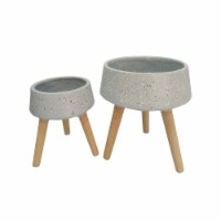 Ceramic Body Planter with Wooden Angled Legs, Set of Two, Gray and Brown- Saltoro Sherpi